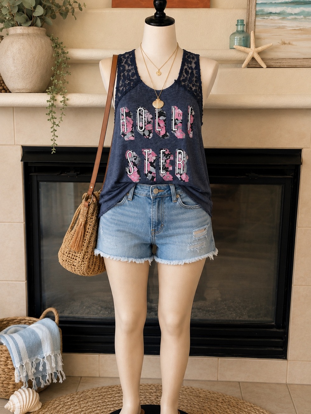 Hollister Navy Lace-Back Tank with Pink Floral Logo